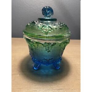 Glass Green Blue Frosted Grape Leaf Footed Candy Jar With Lid